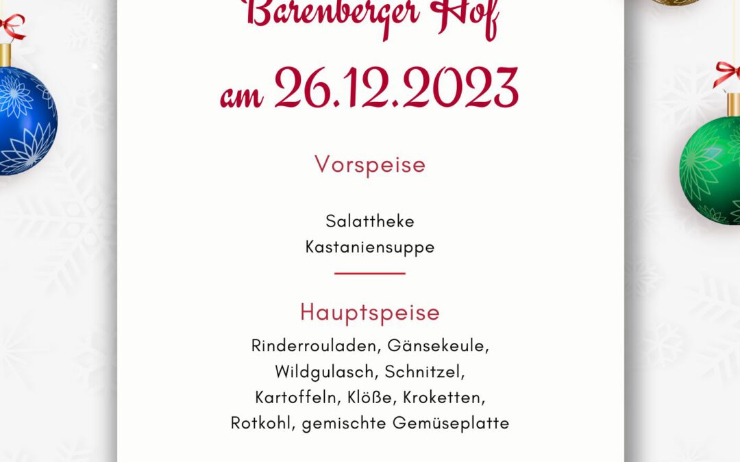 Festliches Schlemmen im Barenberger Hof: Das Weihnachtsbuffet am 26. Dezember 2023